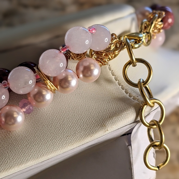 Swarovski Pink & Rose Quartz And Red Turquoise Wrapped Bead Necklace & Earrings - Picture 6 of 12